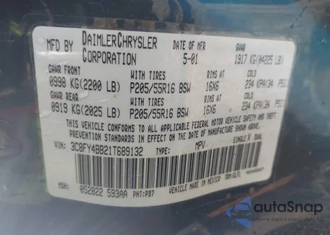 2001 Chrysler Pt Cruiser from USA, damaged, VIN 3C8FY4BB21T689132